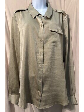 DKNY Satin Flap-Pocket Tunic Shirt Sand Size Large